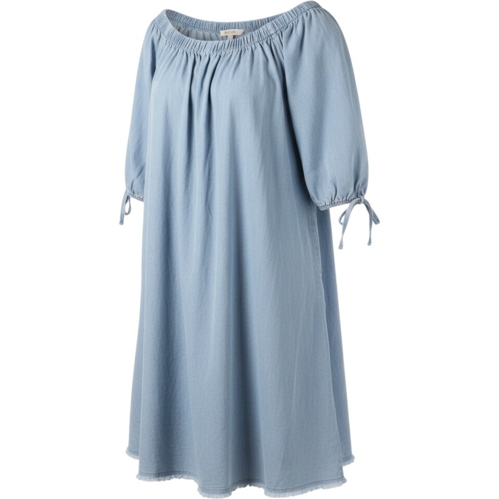 (B3) Speed Control Denim Off Shoulder Shift Dress 1X Blue Cotton Fringe Hem NWT